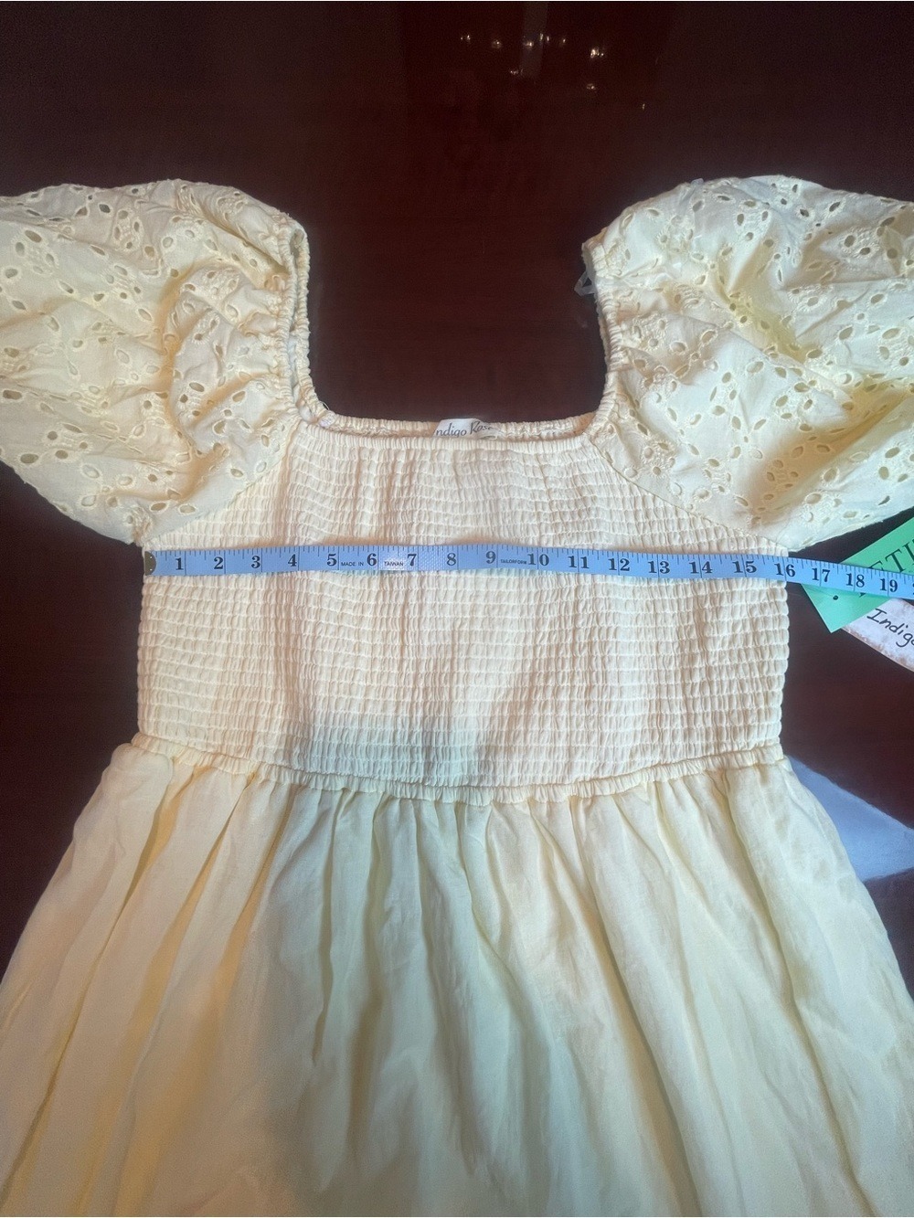 Indigo Rose Pale Yellow Eyelet Smocked Maxi Dress Petite Large Cottagecore Boho - Picture 8 of 11